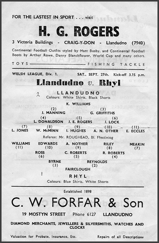 programme from Llandudno F.C. 1958-59 amended